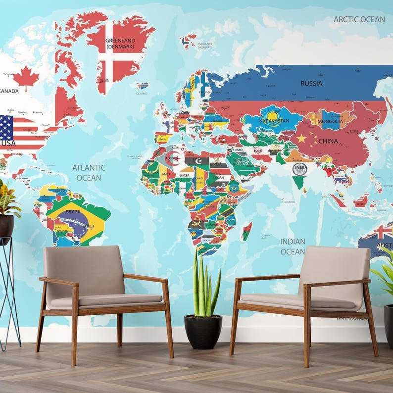 A full view of the self-adhesive world map wallpaper, highlighting the vibrant collage of country flags across the globe.