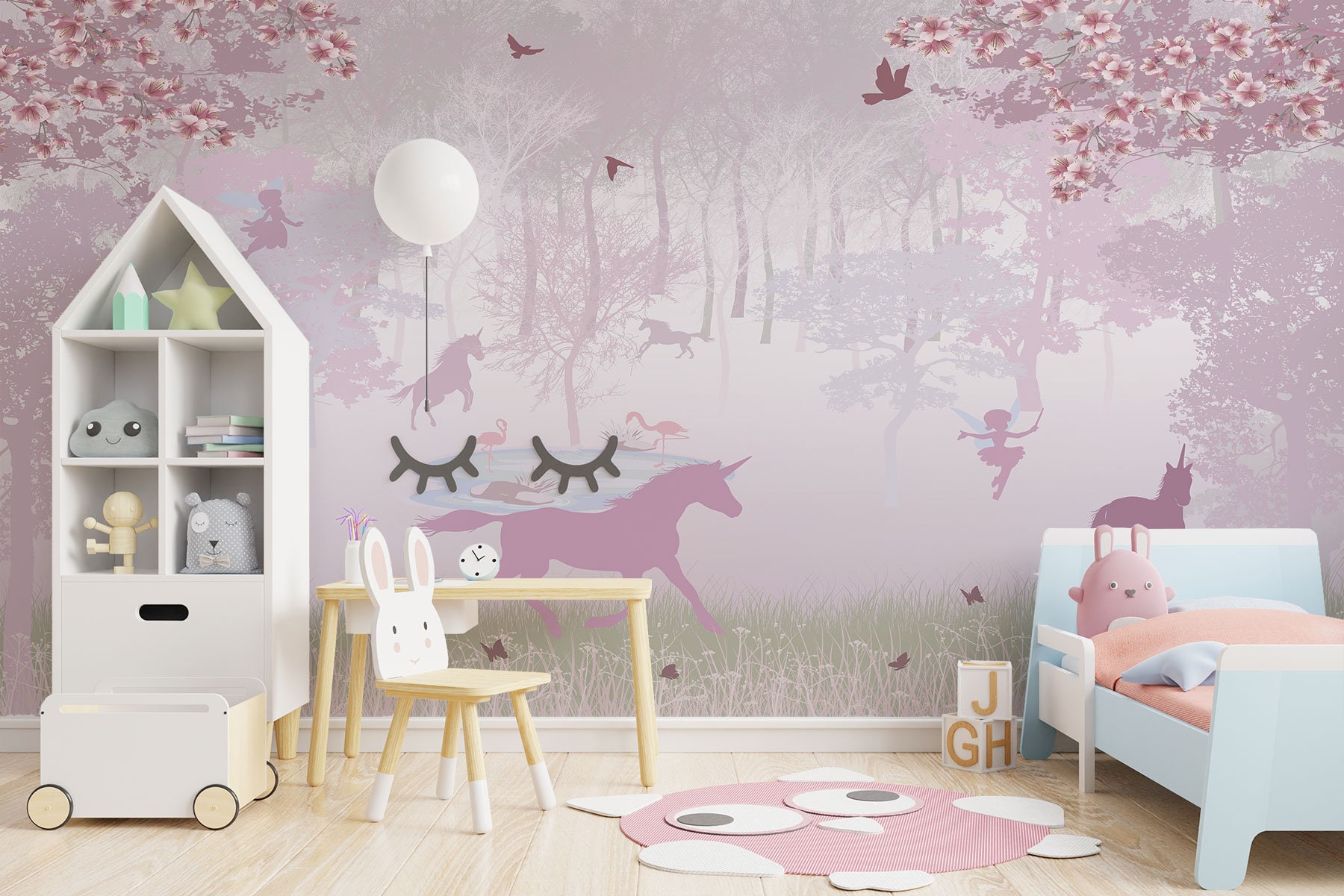 Pink Forest With Unicorn Wallpaper Jungle and Flying Fairy - Etsy