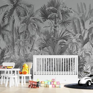 Carta da parati murale con foglie grigie tropicali - Carta da parati stacca e incolla-A669