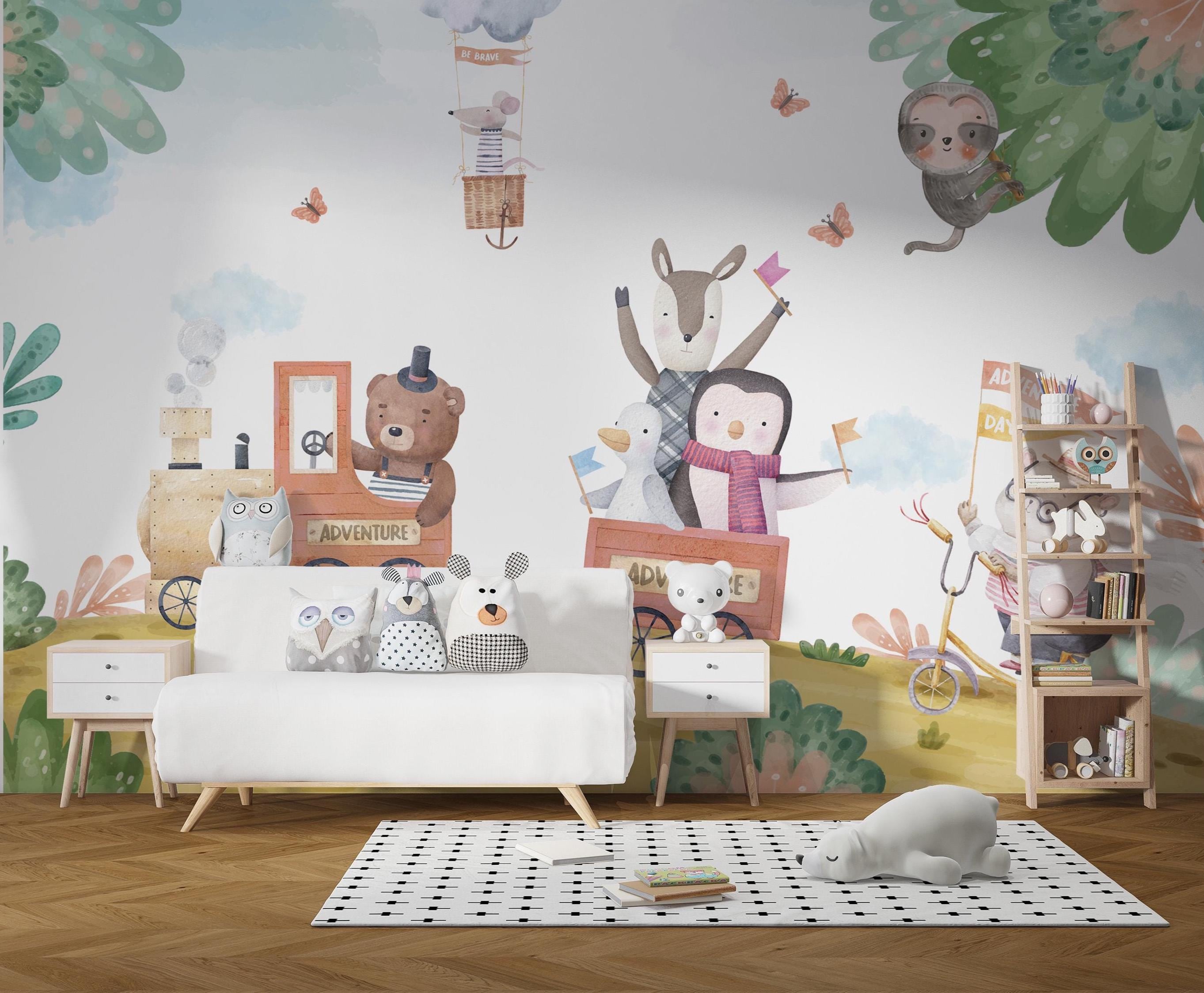 Adventure Animals Kids Wallpaper Mural: Whimsical Nursery Decor - Etsy UK