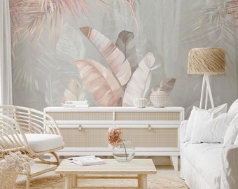 Pastel Tropical Leaves Wallpaper - Soft Color Jungle Leaf Design - Chic Home Décor - Peel and Stick Wallpaper B508