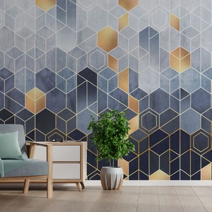 Blue Abstract Hexagons Relief gold Geomatric Designed Hexagon Pattern Peel and stick, Reusable  Wallpaper Murals