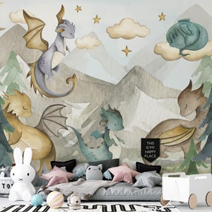 Murale della foresta magica del drago - Carta da parati rimovibile - Stelle dorate e cime beige - Murale per camera dei bambini con l'incantesimo del drago nella foresta verde