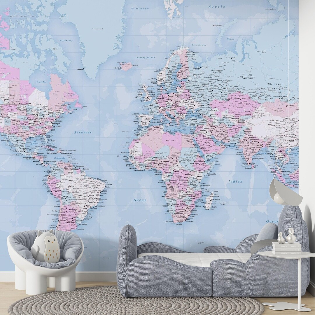 Pastel Pink and Blue World Map Mural for Kids Room by Giffywalls - Etsy