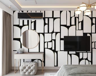 Geometric Wallpaper Mural: Black and White Peel and Stick