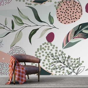 Peel and stick Wallpaper Foglie botaniche e tropicali astratte con distintivo bianco, murales riutilizzabili per carta da parati floreale di Giffywalls