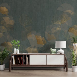 Gold Leaves on Green Peel & Stick Wallpaper - Elegant Removable Wall Décor for Home and Office B656