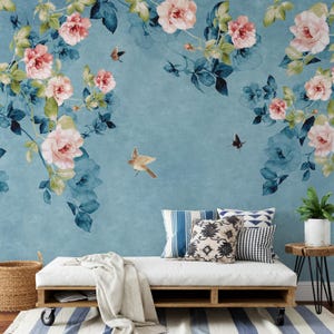 Elegant Floral Wallpaper Mural | Blue Rose Peel and Stick Wallpaper | Stylish Flower Design