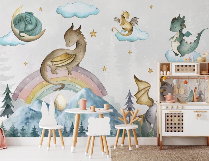 Whimsical Baby Dragon Nursery Wall Mural - Etsy