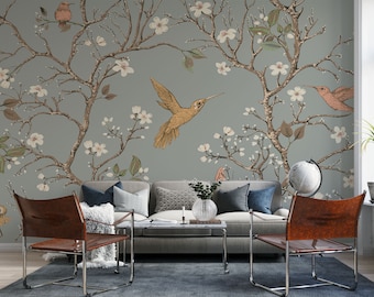 Floral Hummingbird Removable Wallpaper: Peel and Stick Mural