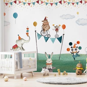 Kids' Circus Wallpaper: Watercolor Bears, Balloons - Removable Wall Mural
