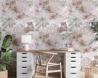 May include: Wallpaper featuring a repeating pattern of leopards resting among large, pale pink and white tropical flowers and palm leaves. The design uses a soft, muted color palette with detailed illustrations of the animals and flora.