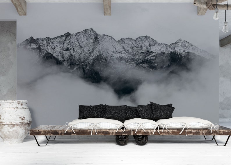 Black & White Mountain Mural Foggy Mountain Wallpaper Peel Etsy