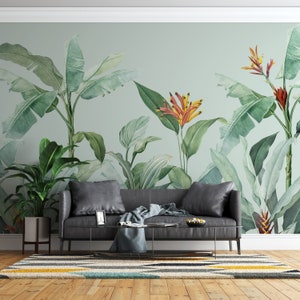 Carta da parati murale con foglie tropicali di banane verdi/motivo a foglie dal design elegante