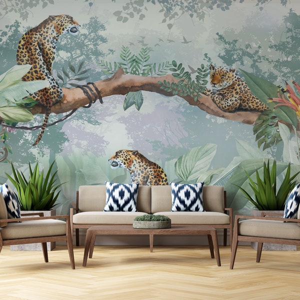 Leopard on the Tree in the Jungle Wallpaper Mural, Peel and stick & Traditional Paper