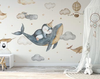 Papel pintado infantil con ballenas y pingüinos de ensueño