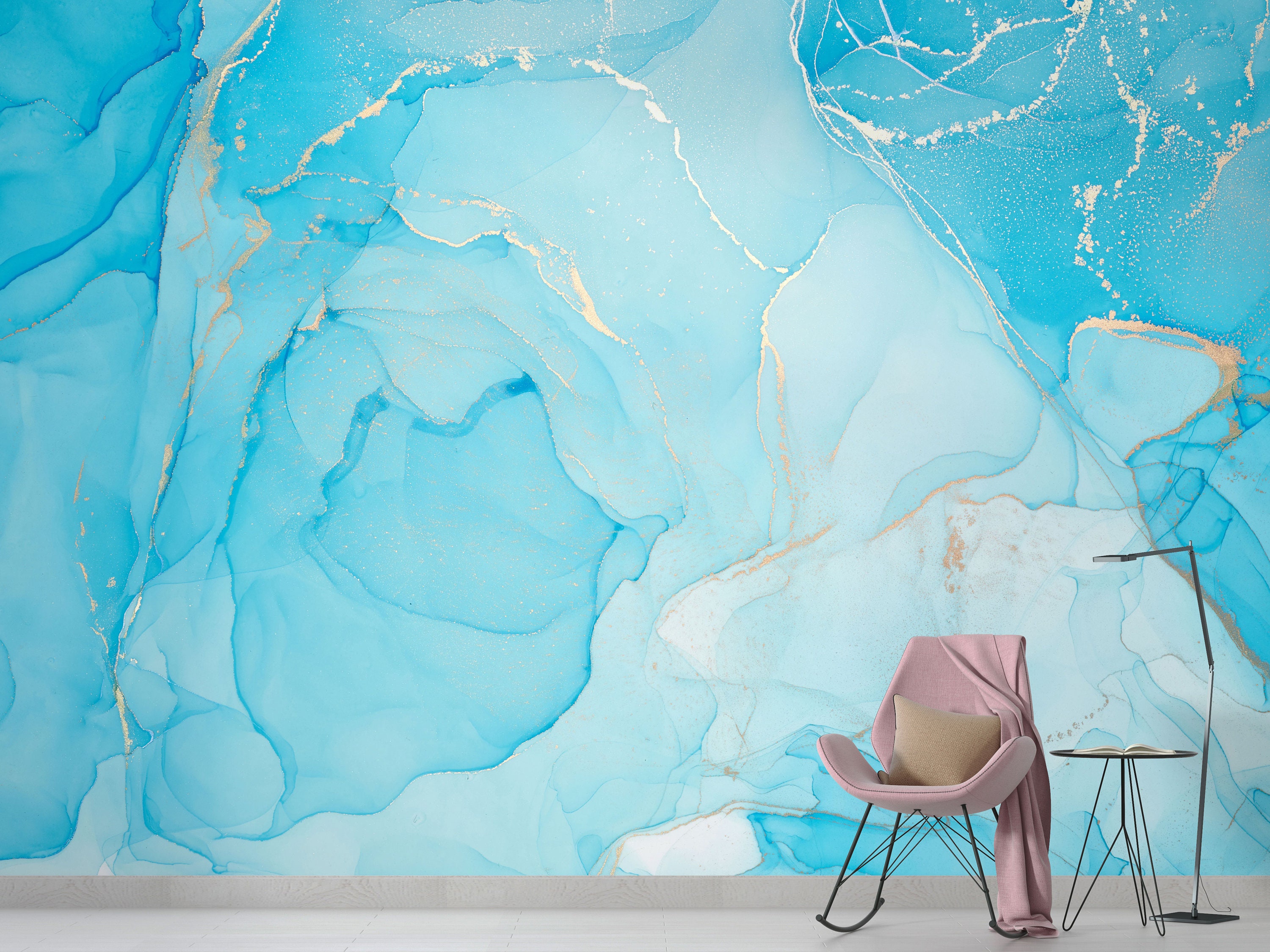 Sky Blue Marble Gold Marble Peel and stick wallpaper Etsy