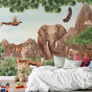 Watercolor Forest Animal Wallpaper: Jungle Safari Peel and Stick Mural