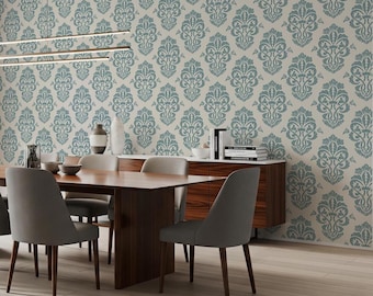 Teal Damask Floral Repeated Pattern Removable Wallpaper