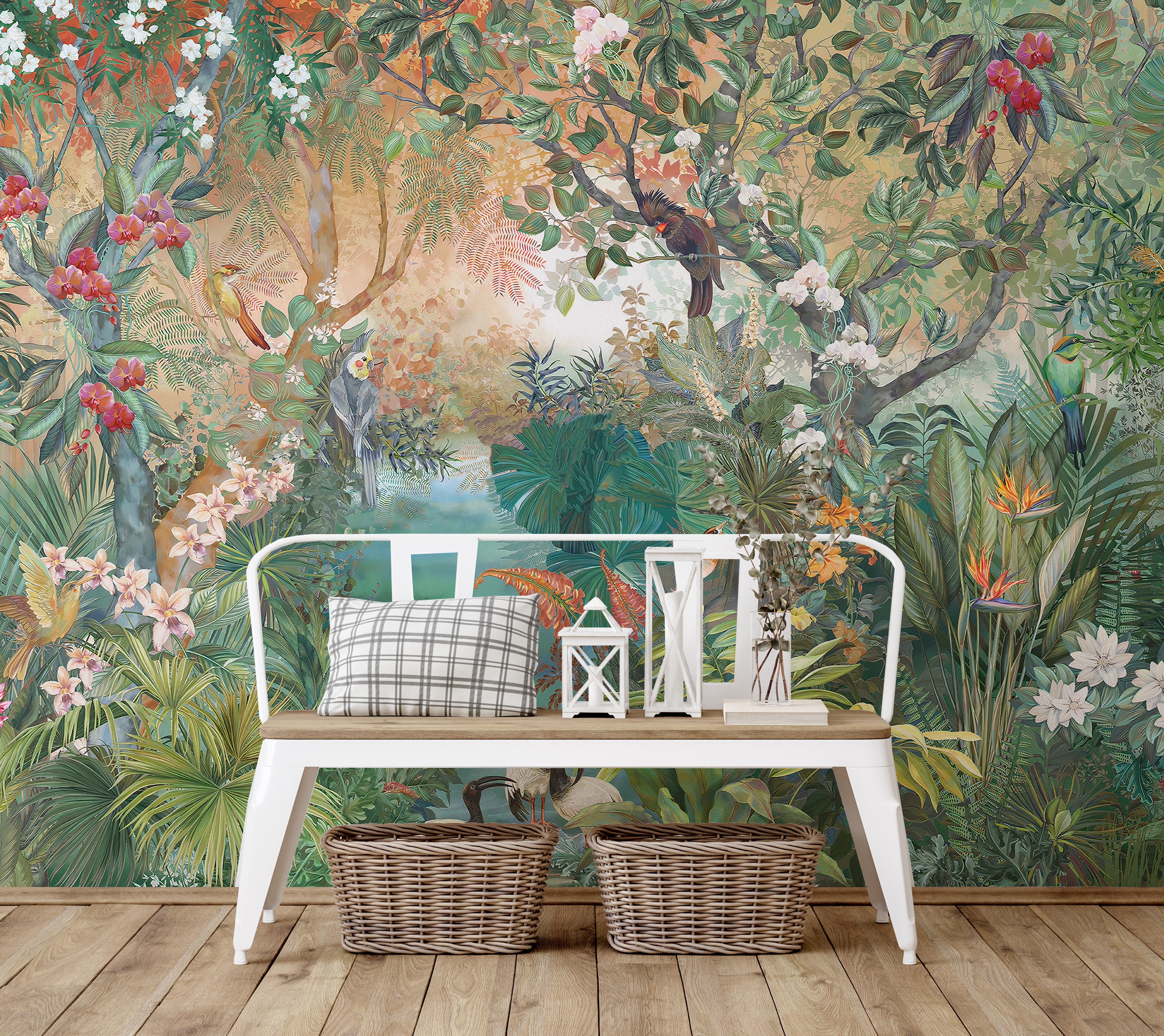  Papel tapiz autoadhesivo de PVC azul tropical, hojas de palma,  hojas de selva y flores exóticas, papel tapiz de despegar y pegar, mural de  pared, calcomanía de pared, póster de pared