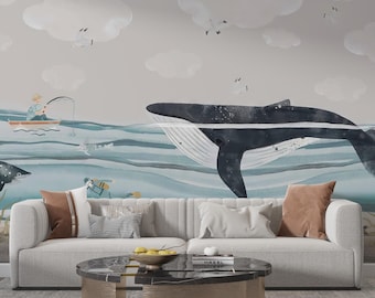 Whale Underwater Mural: Peel and Stick Kids Room Wallpaper