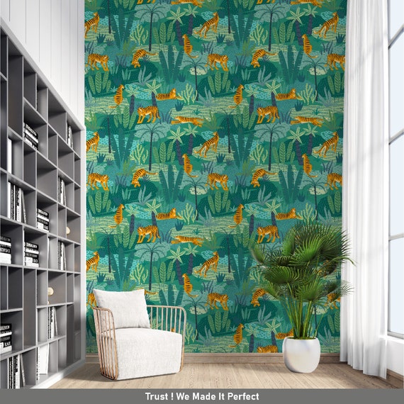 Tiger In The Jungle Wallpaper Tiger Wallpaper Peel And Stick Etsy