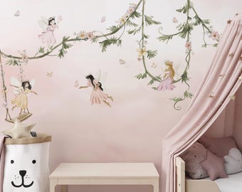 Dream Flight Wall Mural, Fairies and Flowers (Custom Size Options)