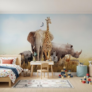 African Safari Animals Wallpaper Mural - Peel and Stick, Reusable
