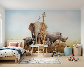 African Safari Animals Wallpaper Mural - Peel and Stick, Reusable