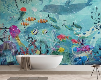 Wall26 Removable Wall Wall Mural Vibrant Ocean Water Turtle Fish Coral Reef Sea Nature Wilderness Photography Realism Nautical Landscape Decorative For Living Room, Bedroom, Office - 100"x144