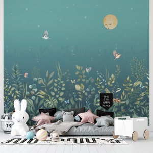 Carta da parati botanica del giardino - Murale stravagante della foresta, carta da parati staccabile e incollata con fiabe per la camera dei bambini-C364