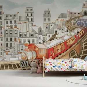 Train Wallpaper Mural: Baby Room Decor, Peel and Stick