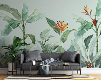 Green Banana Tropical Leaves Wallpaper Murals | Elegant Design Leaf Pattern