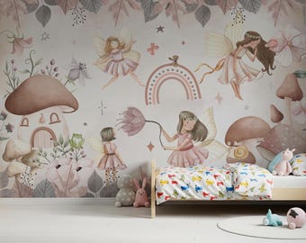 Papel pintado de hadas del bosque: decoración infantil en acuarela, autoadhesivo.