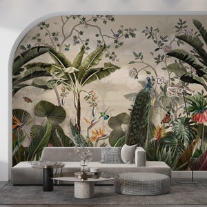 Exotic Peacock Jungle Wallpaper: tropische botanische muurschildering