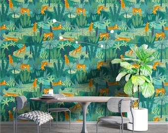 Tiger in the Jungle Wallpaper, Tiger Wallpaper, Peel and stick wallpaper, Removable wallpaper By Giffywalls