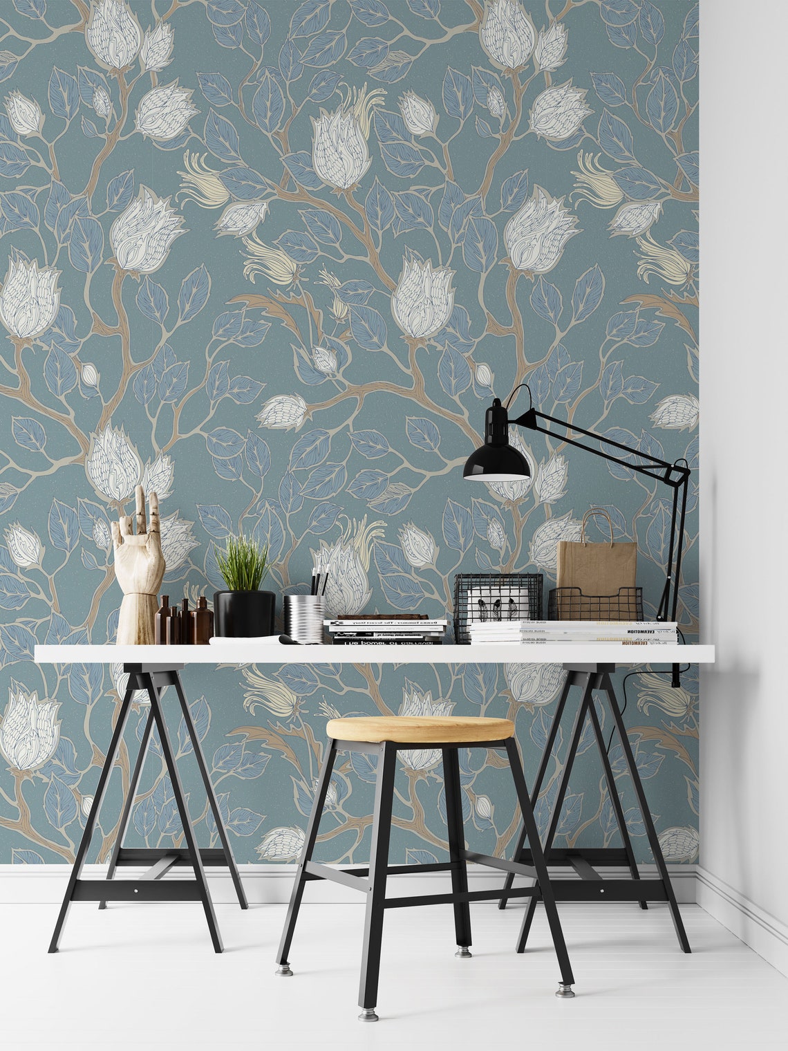 Pale Turquoise Floral Pattern Wallpaper Peel and Stick - Etsy