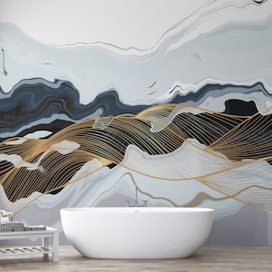 Peel and Stick Wallpaper Luxury Wallpaper Marble  with Waves of Gold Lines Mural Wallpaper & Traditional Paper - Giffywalls