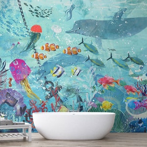 Carta da parati subacquea con vita marina, barriera corallina blu oceano, murale-B148