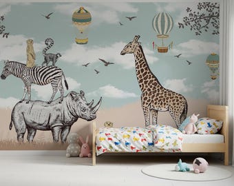 Cuadro decorativo vintage de animales de safari con globos aerostáticos.