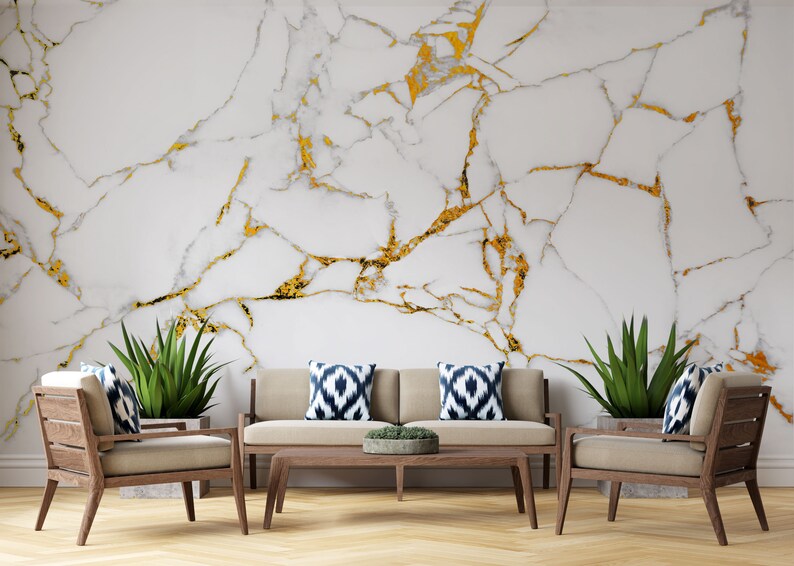 White Marble Wallpaper Golden Yellow Strip Marble Mural Peel Etsy