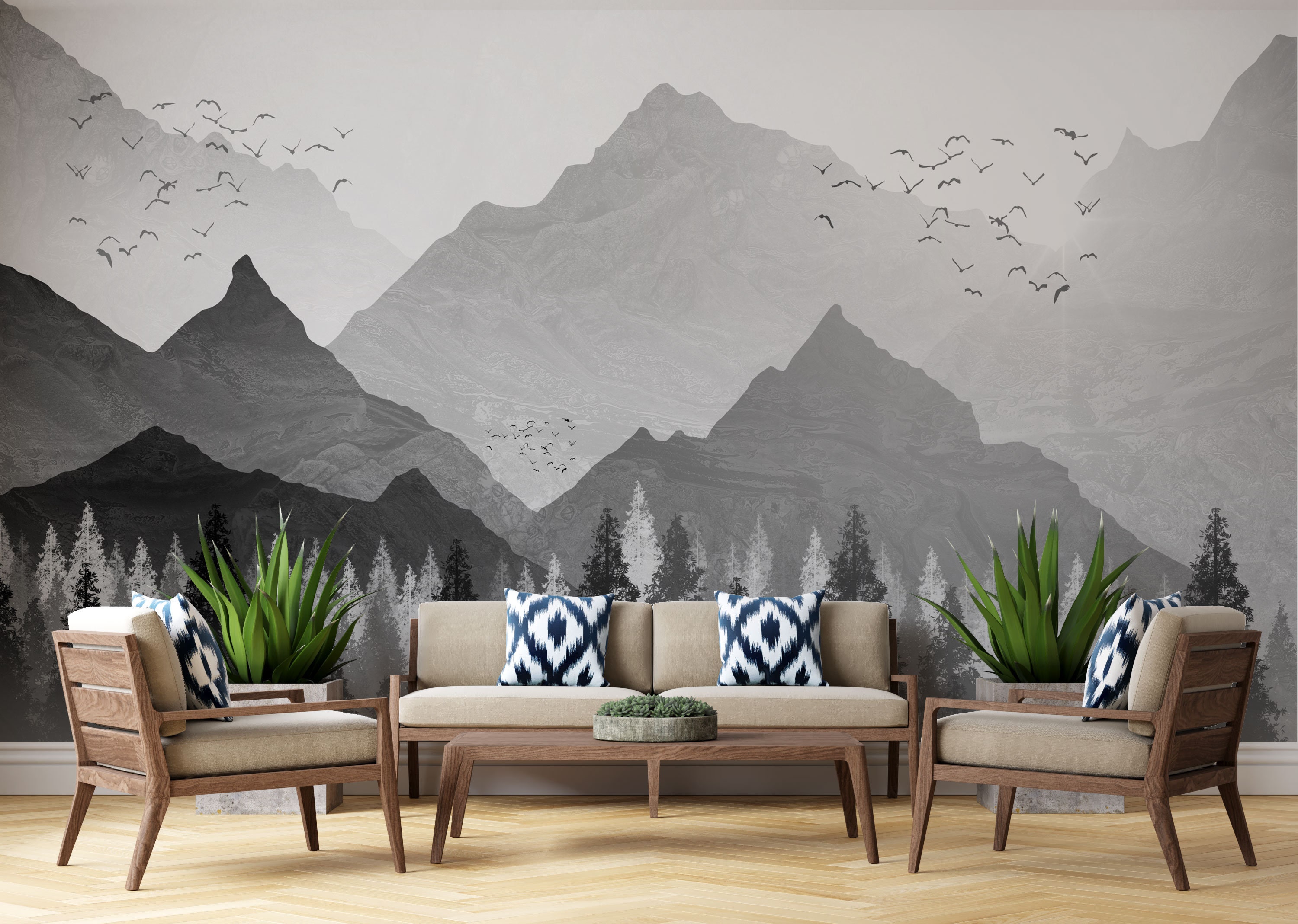 Mountain Wallpaper With Trees and Sun Peel and Stick Black | Etsy