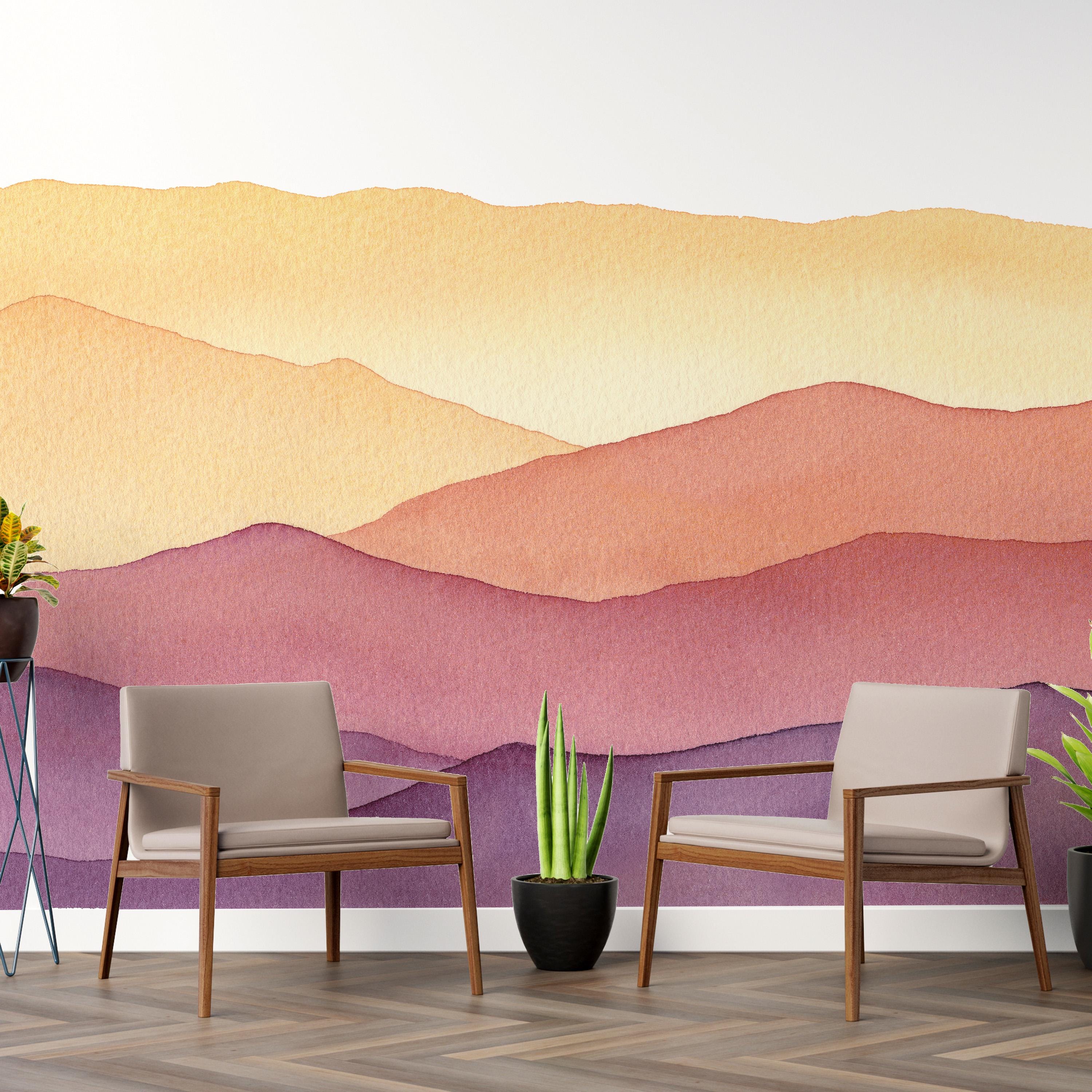 Watercolor Mountain Wallpaper Mural: Colorful Peel and Stick Wall Art ...