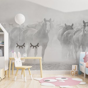 Horse Murals Wallpaper Black and White, Running Horse Wallpaper : Peel