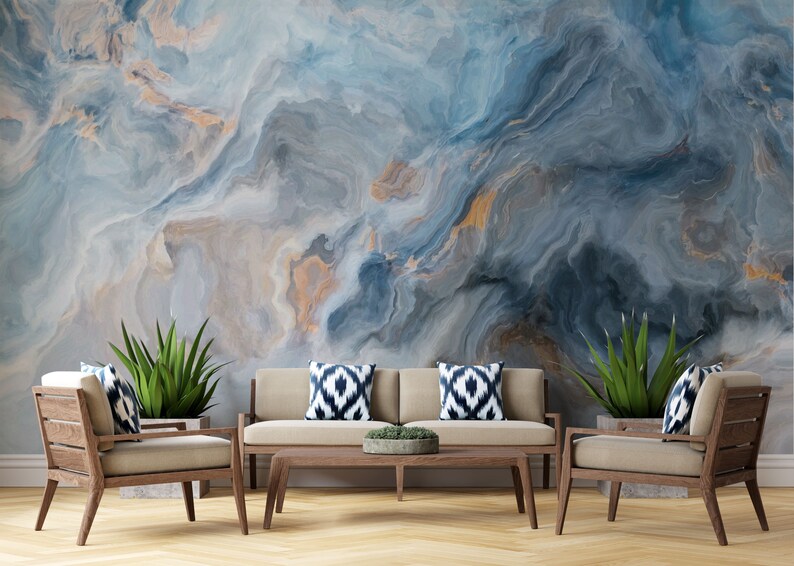 Blue Natural Marble Peel and Stick Removable Wallpaper Murals Etsy Canada