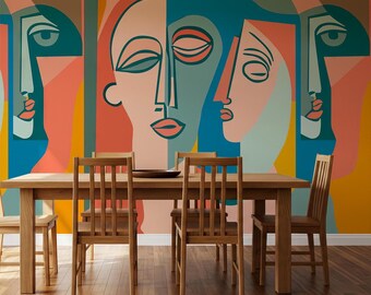 Abstrakte Gesichter-Fototapete: Geometrische, selbstklebende Wanddekoration
