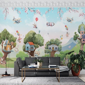 Magical Cartoon Forest with Animals. Watercolor Wallpapers for Kids Wallpaper Mural, Peel and stick & Traditional Paper