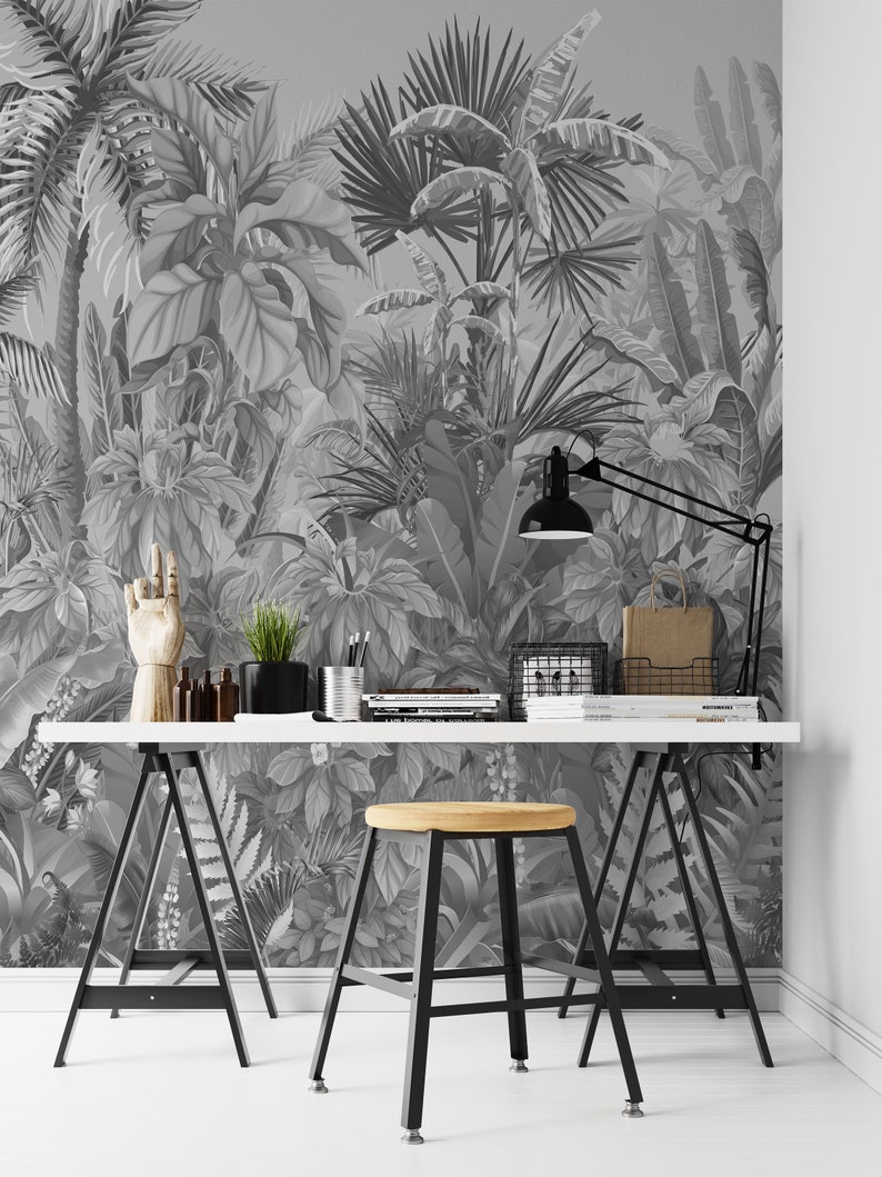 Tropical Jungle Wallpaper Black and White Forest Wallpaper - Etsy