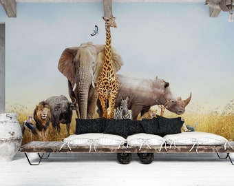 Animals Wallpaper, African Safari with Giraffe, Elephant Peel and stick,Reusable Wallpaper Murals for kids room