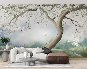 Crane and Tree Wallpaper Mural: Foggy Interior Painting, Peel & Stick